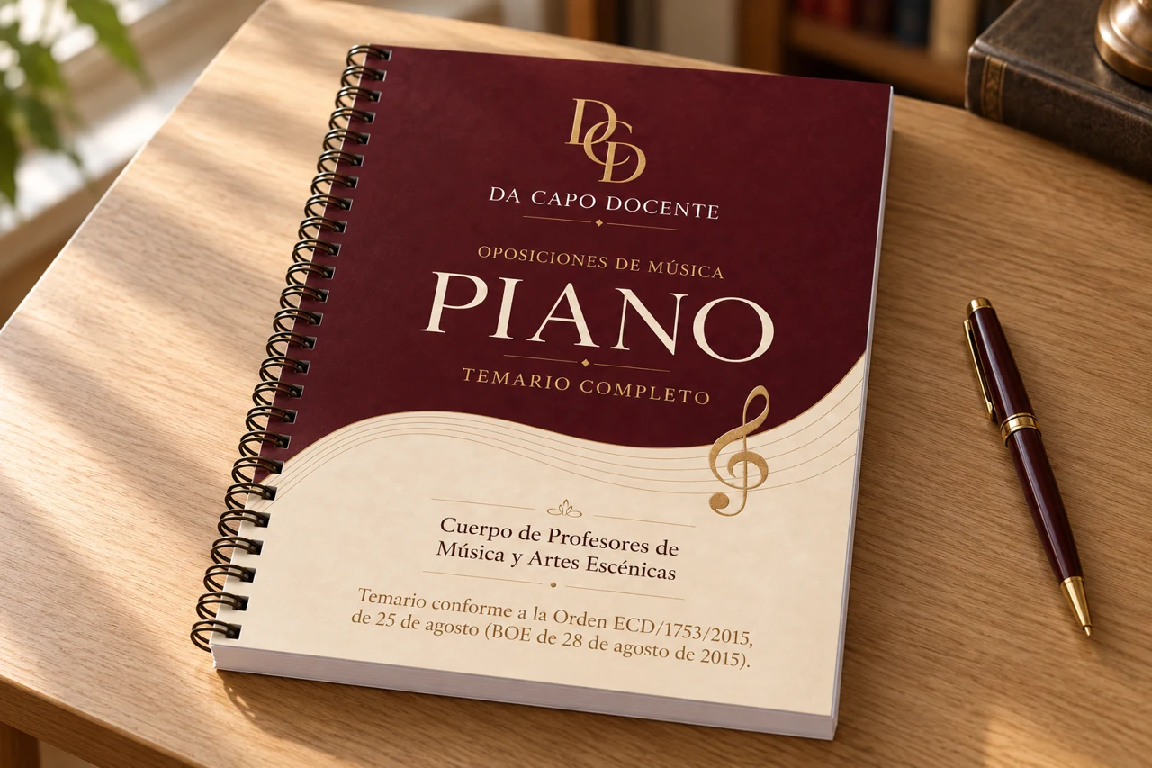 Temario de Piano encuadernado con anillas sobre una mesa de estudio
